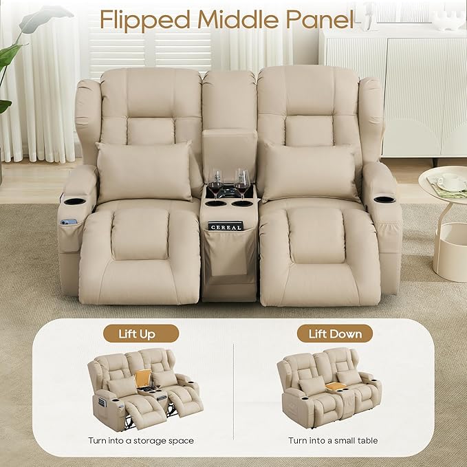 DRMBOOK RV Loveseat Recliner Sofa Double Wall Hugger Reclining Couches Manual Reclinable Movie Seating 2 Person Recliner for Travel Trailer (Leathaire Beige 2 Seater with Standard Console)