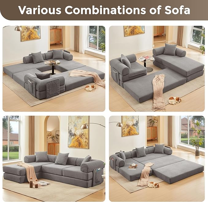 L Shaped Modular Sofa Bed with Cylindrical Pillow &amp Reversible Chaise Corduroy Folding Convertible Floor Sofa Couch Bed with Fixed-Shape Frame &amp Storage Pocket for Living Room Grey
