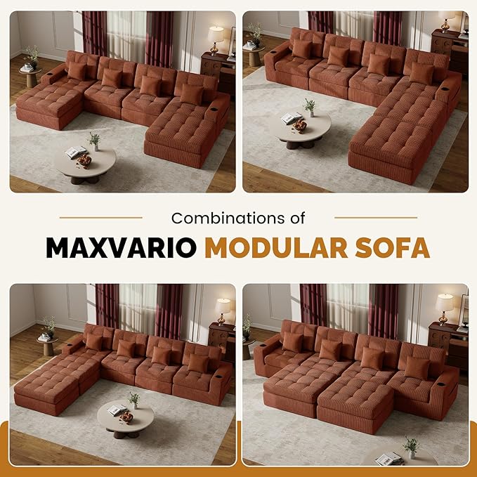 113 Modular Sectional Sofa for Living Room Convertible L-Shape Couch with OttomanCloud Boneless Couch with Layered CushionReddish Brown Corduroy