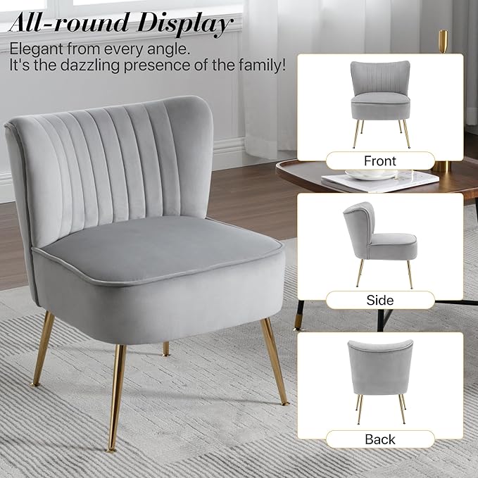 Velvet Accent Chair Set of 2 Comfy Upholstered Side Chair with Gold Metal Legs and Padded Seat Modern Small Corner Armless Living Room Chairs with Wing Back Light Gray