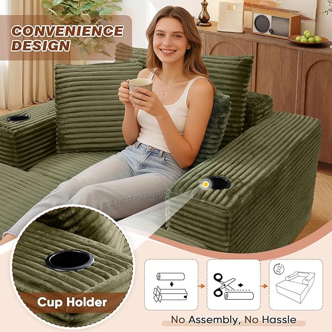 Antetek Boneless Corduroy Chaise Lounge Chair Indoor 52-inch 4-in-1 Folding Convertible Sofa Bed w/Cup Holders Modern Cozy Reading Accent Chair for Living Room No Assembly Green