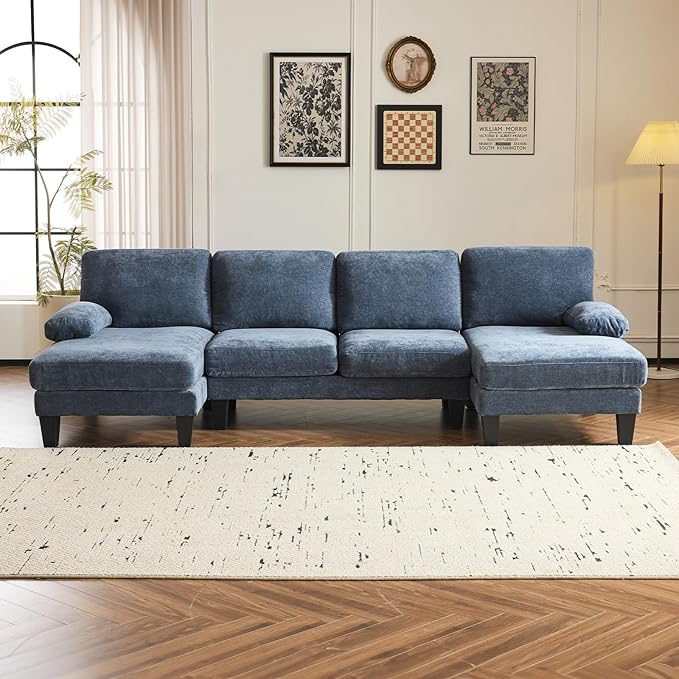 VINGLI 110 Sectional Couches for Living RoomU Shaped Couch with Double Chaise 4-Seat Sofa Set with Corduroy Fabric for Home FurnitureOcean Blue