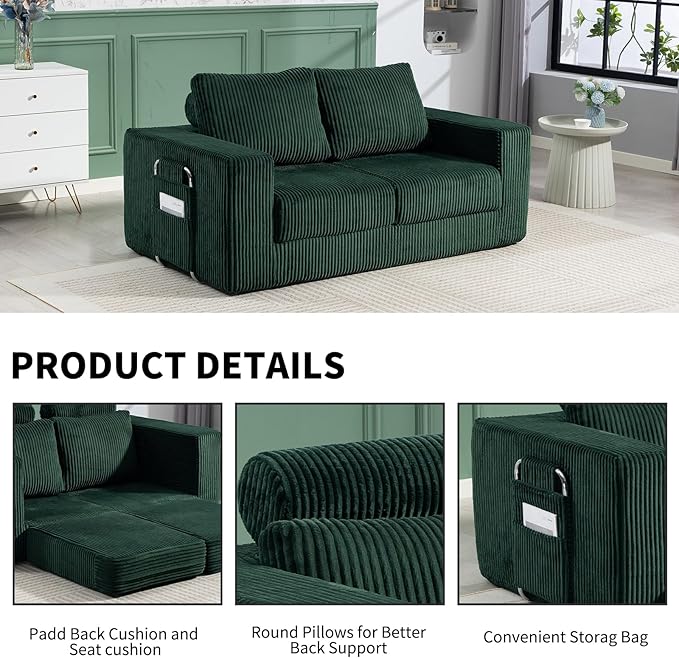 J.C.UP 69'' Convertible Sofa Bed Pull Out Loveseat Sleeper Sofa 2 Seater Boneless Folding Sofa Bed Floor Couch with Deep Seat Chaise Lounge for Living Room Bedroom No Assembly Required Green
