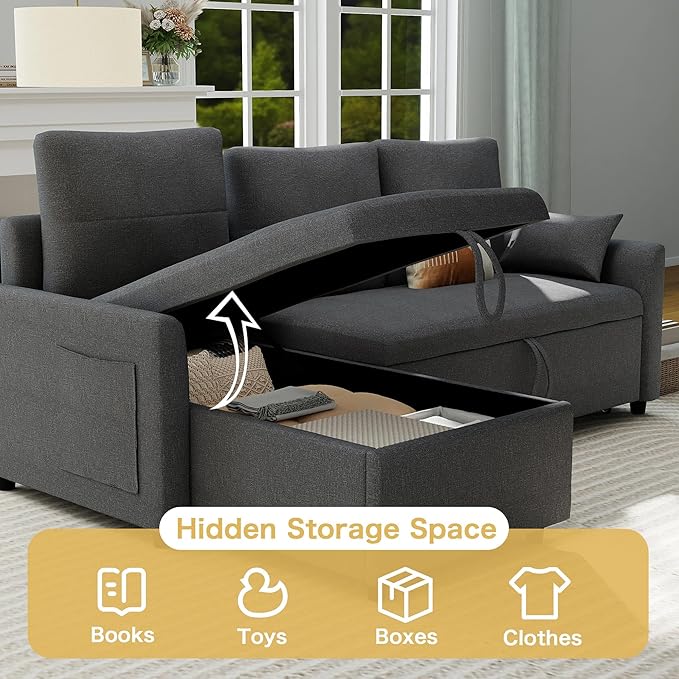 L Shape Sofa Bed: 81 Sectional Sleeper Sofa with Pull Out Bed Grey Pull Out Sleeper Couch with Chaise Lounge and Linen Reversible Chaise Sectionals for Living Room (Gray 80.7 L shape sofa bed)