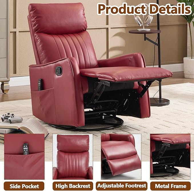 Slim Swivel Rocking Chair Recliner with PocketsLazy Boy Recliners for for AdultsSmall Recliner Chair for Small Spaces Manual Reclining Chair for Living Room Bedroom (Wine Red)