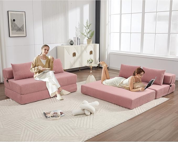 KIVENJAJA Folding Sofa Bed Full Size 3-in-1 Convertible Sleeper Sofa Corduroy Foldable Boneless Floor Futon Couch with Backrest &amp Pillows for Home Living Room Office Apartment Small Spaces Pink