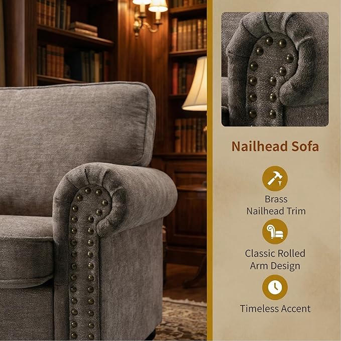 Nailhead Armchair Rolled Arms Accent Chair for Living Room Single Sofa Chair with Springs Seat Cushion &amp Wooden Legs Mid-Century Armchair for Apartment Office Farmhouse Light Brown