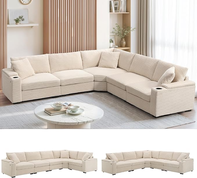 Merax 106 Corduroy Sectional Corner Sofa with Cup Holders &amp USB Charger 5 Seat Convertible L Shaped Couch Set with Armrest Storage Oversized Comfy Modular Sofabed for Living Room &amp Apartmen
