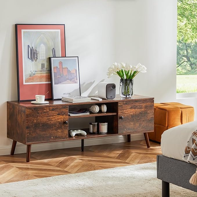 Sweetcrispy TV Stand for 55 60 inch TV Modern Mid Century Entertainment Center with Storage Media Console Table 2 Cabinet Soft Hinge Handle Door Wooden Living Room Office Furniture Rustic Brown