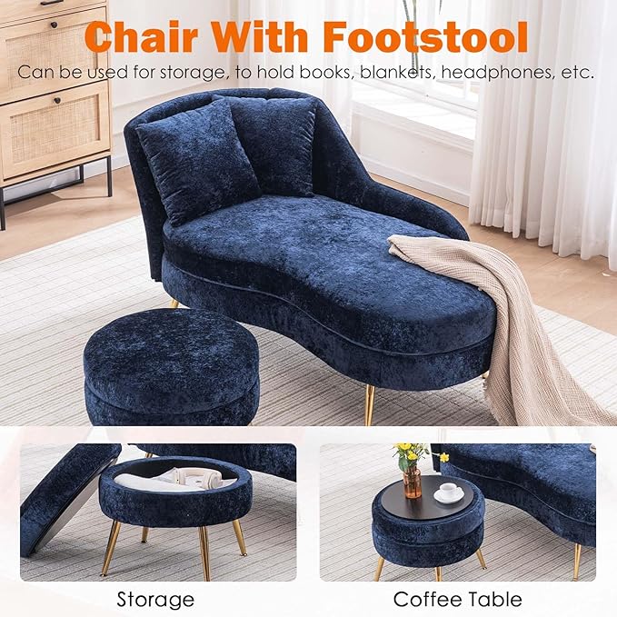 Chaise Lounge Chair Indoor Chenille Upholstered Chair with Left Armrest &amp Pillow Modern Lounge Chairs Sofa with Footstool for Living Room Bedroom Office (Blue)