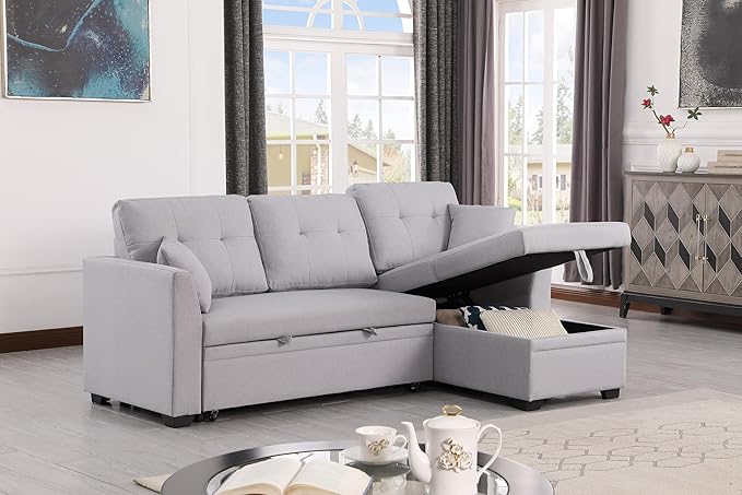 83 L-Shaped Sleeper Sectional Sofa with Storage Chaise &amp Cup Holders – Pull-Out Convertible Bed 3-in-1 Space-Saving Design for Apartments Modern Linen Fabric Easy Assembly
