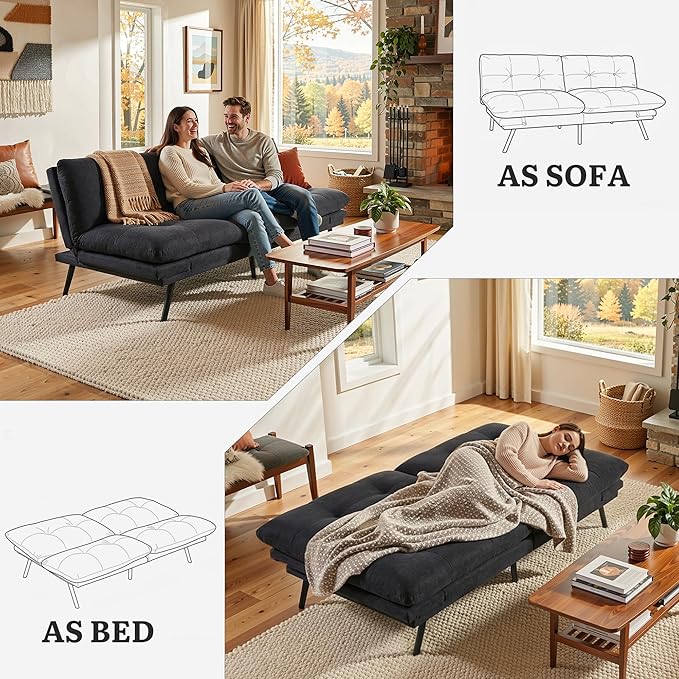 YITAHOME Convertible Futon Sofa Bed with Adjustable 3 Color Light Strip 70 Folding Futon Set for Living Room Home Office Aprtment Modern Futon Couch with Adjustable Backrest &amp Armrests Black