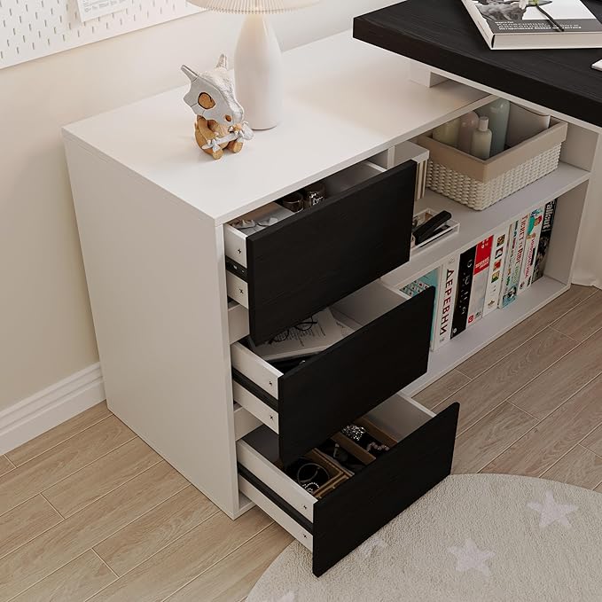 L Shaped Computer Desk 47 Inch Home Office Desk with File Drawers &amp Storage Shelves Small Corner Computer Desk for Small Space (White+Black)
