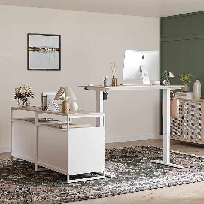 FEZIBO L Shaped Executive Standing Desk with File Cabinet &amp Shelves Electric Height Adjustable Light Walnut