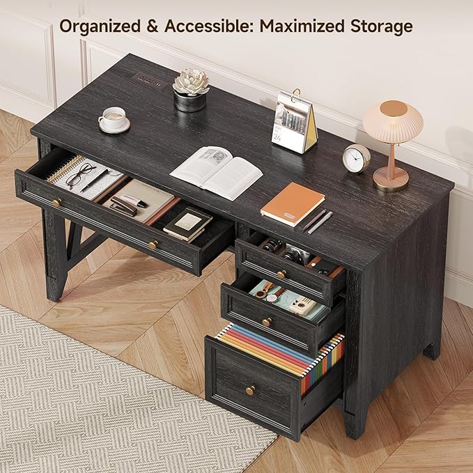 ONBRILL 54 Inch Farmhouse Executive Desk Computer Desk with Storage Drawers &amp File Drawer Modern Home Office Desk with Charging Station for Working Studying Writing Brown (Black)