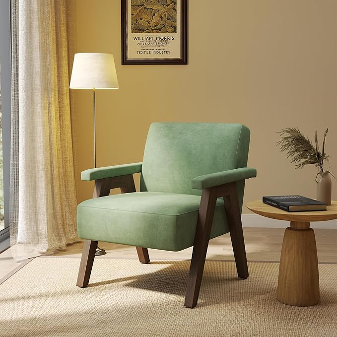 Mid-Century Accent Chair Linen Fabric Upholstered Lounge Armchair with Solid Wood Frame Modern Reading Chair for Living Room Bedroom ApartmentSage Green