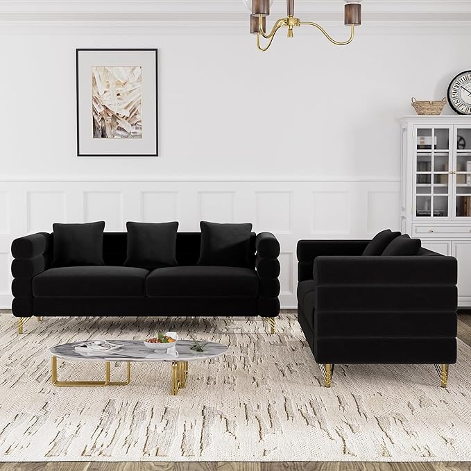 OUYESSIR Living Room Sofa Couch and Loveseat Set Modern Comfy Velvet Deep Seat Cloud Couch with 5 Pillows Oversized Sofa Furniture Sets for Living Room Bedroom Jet Black Velvet