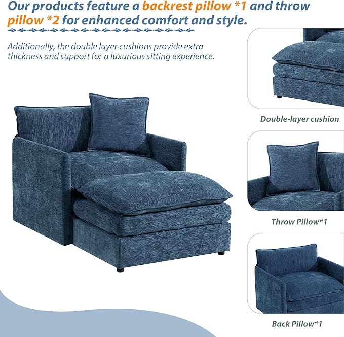 TTK Oversized Chaise Lounge Chair with Ottoman - 39.17 Wide Modern Sleeper Sofa for Living Room Bedroom &amp Office - Deep Seat Sectional Couch with Pillow Comfortable Reading Chair (Blue 39.17)