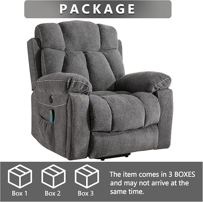 CANMOV Large Power Lift Recliner Chairs with Massage and Heat for Elderly Big People Heavy Duty Motion Reclining Mechanism-Anti Skid Fabric Recliner Chair with 2 Concealed Cup HoldersDark Gray