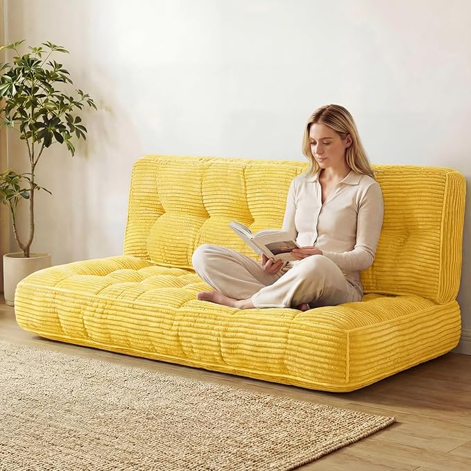 63 Inch Folding Bench Cushion 4 Inch Thick 2-in-1 Convertible Long Floor Lounger Boneless Cushions Couch Mattress Upholstered for Yoga Reading Sleeping Meditation Living Room(Yellow)