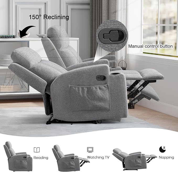 CANMOV Manual Massage Heat Recliner Chair Set of 2Soft Fabric Recliner Chair with Overstuffed Arm and Back Manual Reclining Single Sofa with 2 Cup Holders Side Pocket for Living RoomLight Grey