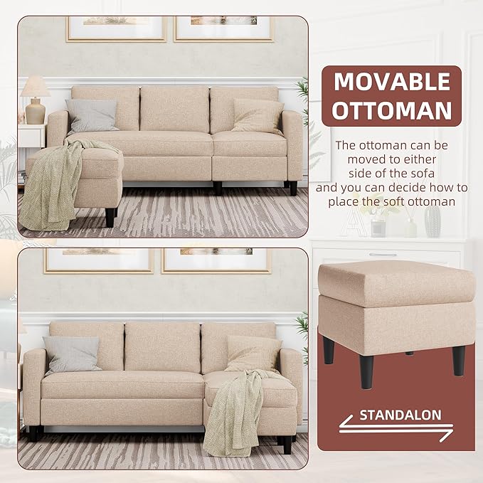 JAMFLY Sectional Couch Sofa Convertible L Shaped Sofas Couch with Ottoman Small Sectional Sofa for Living Room 3 Seater for Small Spaces Khaki