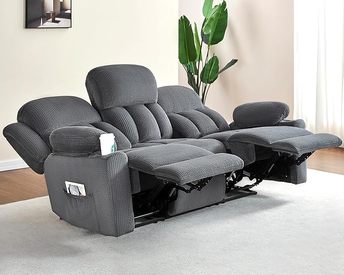 VanAcc Recliner Couch 3 Seater Sofa Recliner with Cup Holders for Living Room- 85 inch Comfy Couch with Dual Wingback Recliner Grey Oversized Recliner