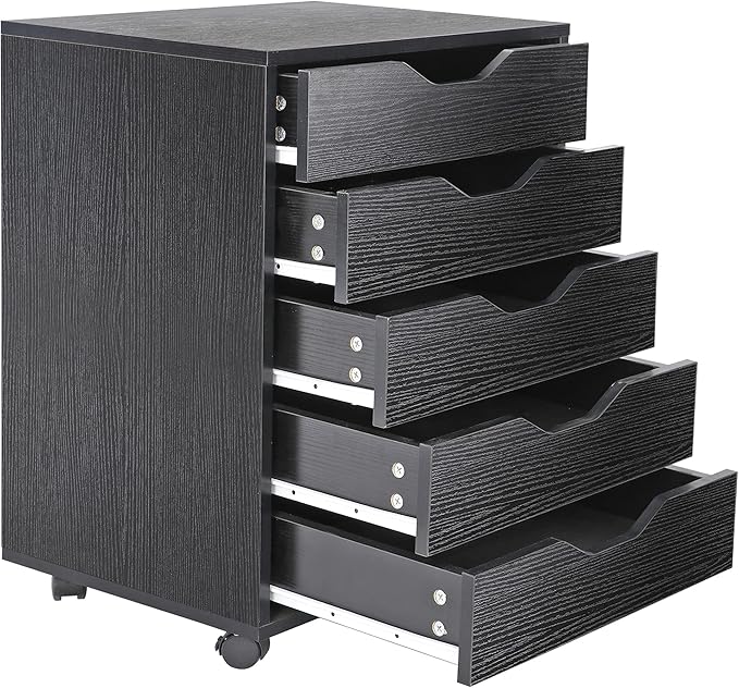 SUPER DEAL 5 Drawer File Cabinet for Home Office Wood Under Desk Filing Cabinet Mobile Printer Stand Rolling Storage Organizer with Lockable Casters for Apartment Small Spaces Black