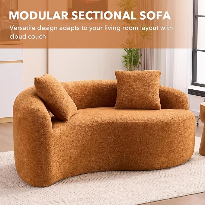 67 Modular Sectional Loveseat Sofa Chenille Upholstered Cloud Couch with S-Shaped Cushion Boneless Couch Sleeper Deep Seat Sofa with Throw Pillows for Living Room (Orange) | Chenille Comfortable