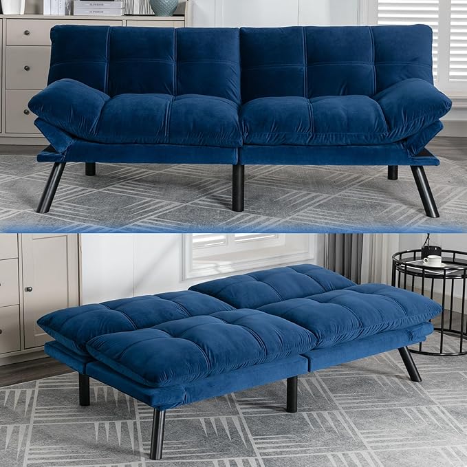 Anwick Modern Futon Couch Bed Sofa: Velvet Fabric Quick Folding Armrest Space-Saving Convertible 2 Seater Loveseat for Living Room Bedroom Small Rooms Apartment (Blue)
