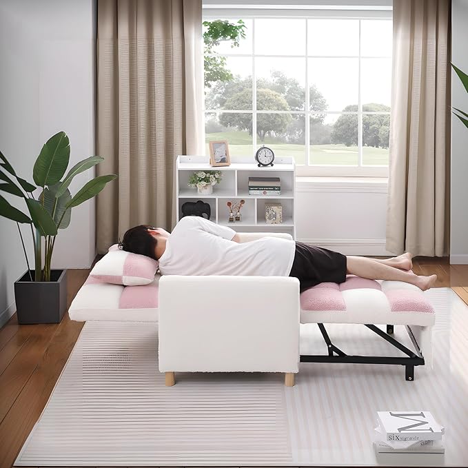 3-in-1 Sleeper Chair Bed for Living RoomConvertible Pull Out Chair Bed with Adjustable BackrestMulti-Functional Sofa Bed for Living Room (Pink)