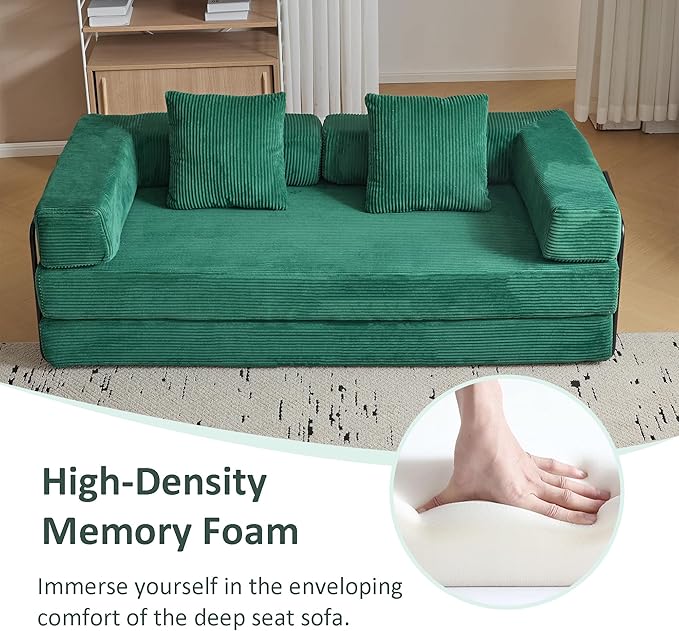 Convertible Sleeper Sofa Bed Compression Folding Sofa with Pillow No Assembly Required Shape Frame Floor Sofas Lounge Couch for Living Room Bedroom Small Spaces(Corduroy 77''W Dark Green)