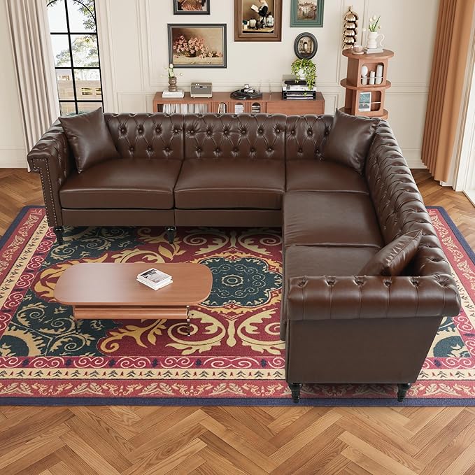 KEIKI 99 L-Shaped Luxury PU Leather Chesterfield Sectional Sofa with Rolled Arms and Nailhead Mid-Century Style Oversized 5-Seater Button Tufted Couch Easy Assembly for Living Room Dark Brown