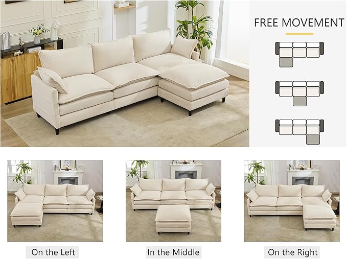 DRMBOOK 110.6'' L Shaped Modular Sectional Cloud Couch Comfy Upholstered 3 Seater Sofa Modern Deep Seat Modular Sofa Couches with Ottoman for Living Room (Corduroy Cream Beige 3 Seat+1 Ottoman)