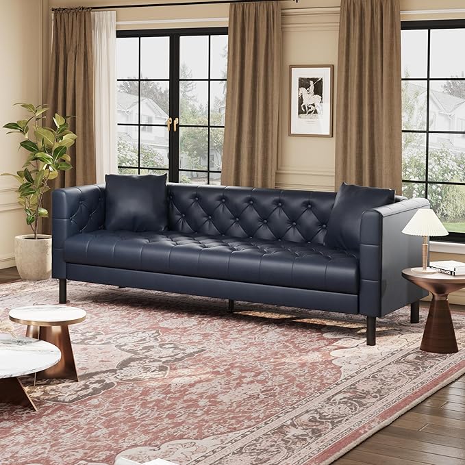 Mid Century Modern Leather Sofa 81 Inch Chesterfield Style 3 Seat Couch with Deep 26 Seats Button Tufted Upholstery Includes 2 Pillows for Living Room Apartment or Office Black