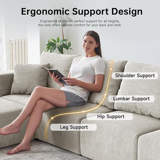 CUGOAO 152'' Modern Boneless Couch Oversized 2-in-1 Modular Sectional Sofa Bed Extra Deep Seat Upholstery Cloud Couch Boneless Couches for Living Room No Assembly Required Beige Chenille