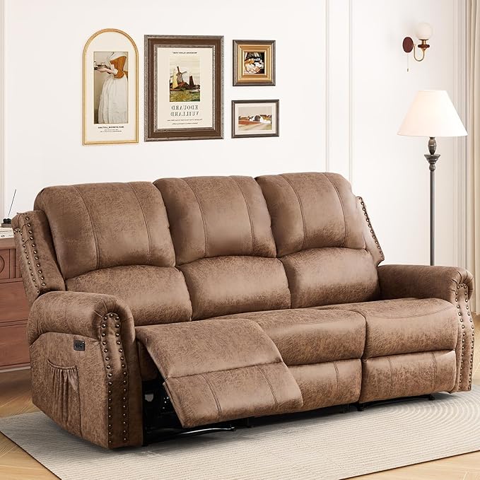 85 Wide Power Reclining Sofa with Side Pockets 3-Seater Electric Recliner Sofa Chair with Overstuffed Backrest Faux Leather Couch Furniture with Rivets for Living Room Brown