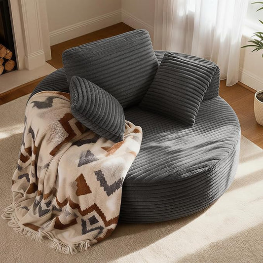 55-inch Corduroy Sofa Oversized Round Chaise Lounge Chair Indoor No Installation &amp Easy to Transport Modern Upholstered Corduroy