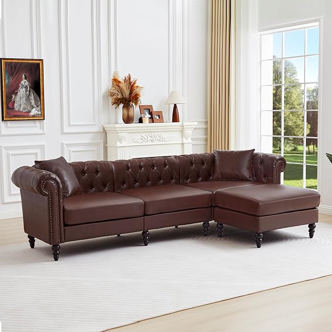 AVZEAR Chesterfield L Shaped Sofa Modular Sectional Leather Couch with Ottoman and Pillow Modern PU Deep Seat Sofa Living Room Furniture Sets for Living Room Apartment Dark Brown