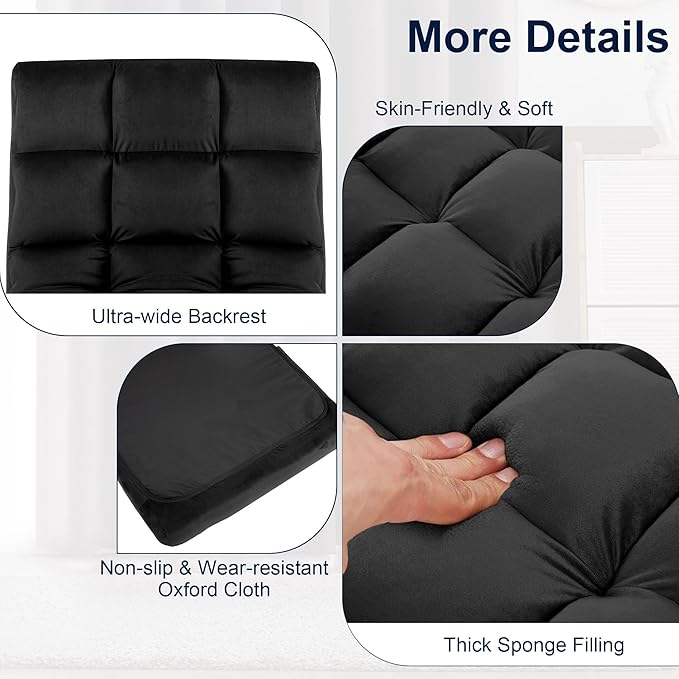 Floor Chair 24 inches Wide Oversized Velvet Armless Lay Flat Floor seat Padded Meditation Chair with 6 Adjustable Position Ergonomic Comfortable Convenient(LRSF-016-BLACK)