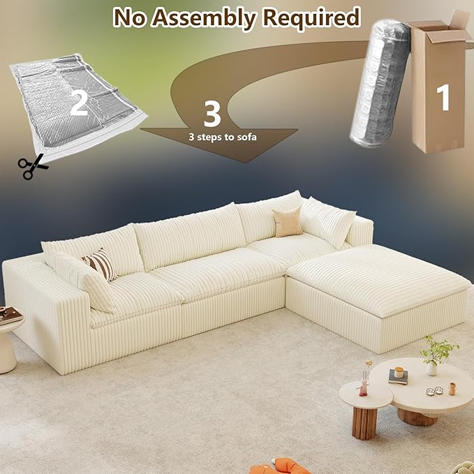 Modular Sectional Sofa Corduroy Plush L Shape Cloud Couch Modern Deep Seat Boneless Couches for Living Room Large Compression Sofas Luxury Fluffy Couchs Sectionals White