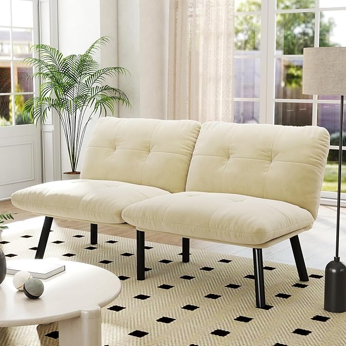 Sofa Bed with Chaise Modern Convertible Sleeper Sectional Loveseat Velvet Futon Couch with Tufted Back and Metal Legs for Small Space Apartment (Cream)