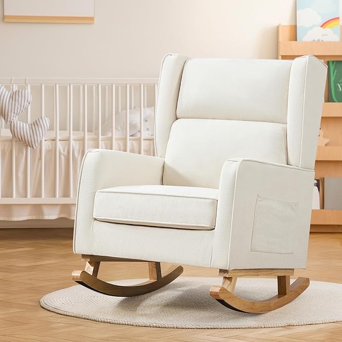 Nursery Rocking Chairs Rocking Chair Nursery for Mom Nursery Rocker with High Backrest and Solid Wood Legs Modern Wingback Accent Chair Set of 2 for Reading Living Room Bedroom Beige
