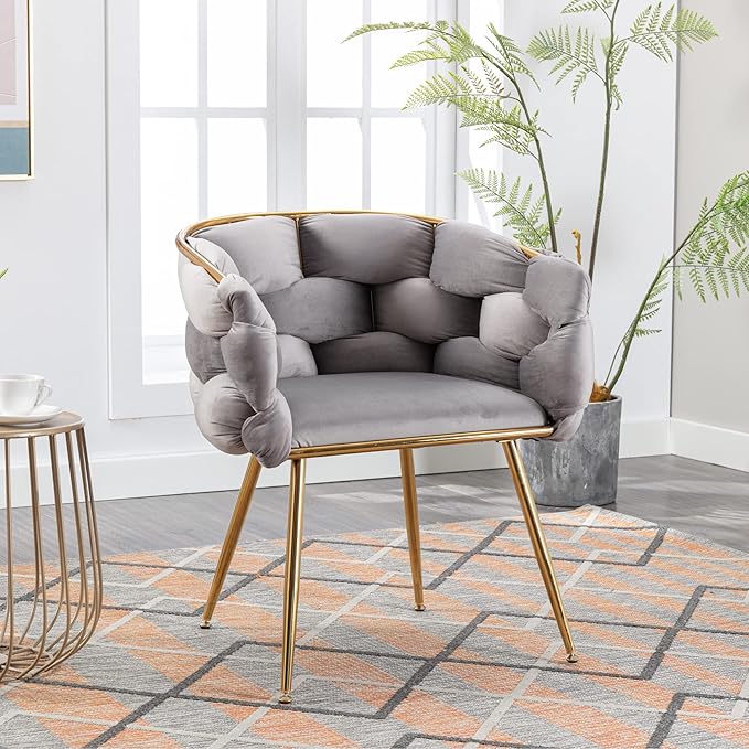 Polibi Modern Velvet Accent ChairDining Chair Single Sofa Chair Leisure Lounge Chairs with Golden Metal Frame Legs Living Room Furniture1PCS Gray