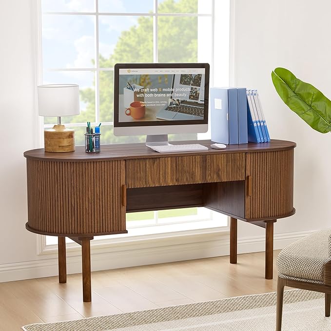 Executive Office Desk with Storage 63 Inch Large Computer Workstation Desk with Drawer and File Cabinets Mid Century Modern Fluted Wood Writing Desk for Home Office Study Room Living Room Walnut