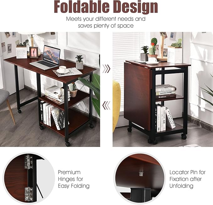 DORTALA Folding Computer Desk Modern Writing Table w/ 2-Tier Storage Shelves PC Laptop Study Table Workstation w/ 6 Wheels Space Saving Compact Desk Side Table for Home Office Apartment Brown