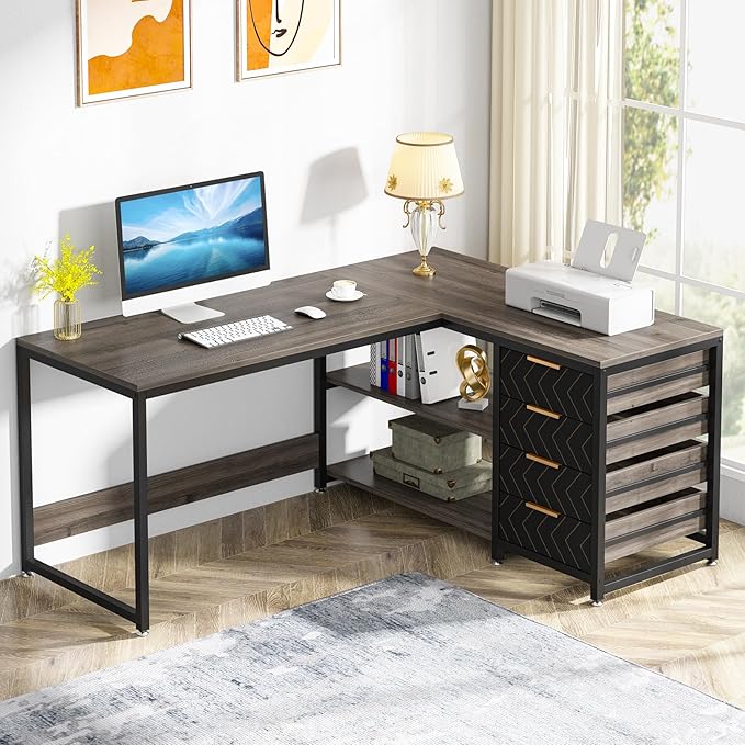 Tribesigns L Shaped Computer Desk with Storage Drawers 59 inch Corner Desk with Shelves Reversible L-Shaped Office Desk Writing Table Workstation for Home Office Grey