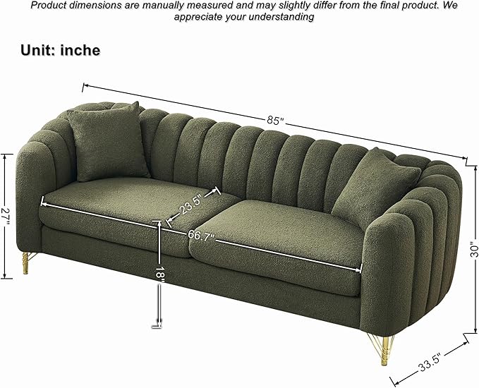 Green Cloud Sofa Set 2 Piece Living Room Furniture Modern Comfy Overstuffed Deep Seat Curved Sofas with Gold Legs &amp Pillows Foam Upholstered Teddy Loveseat with Round Arm (Green Couch and Lovese
