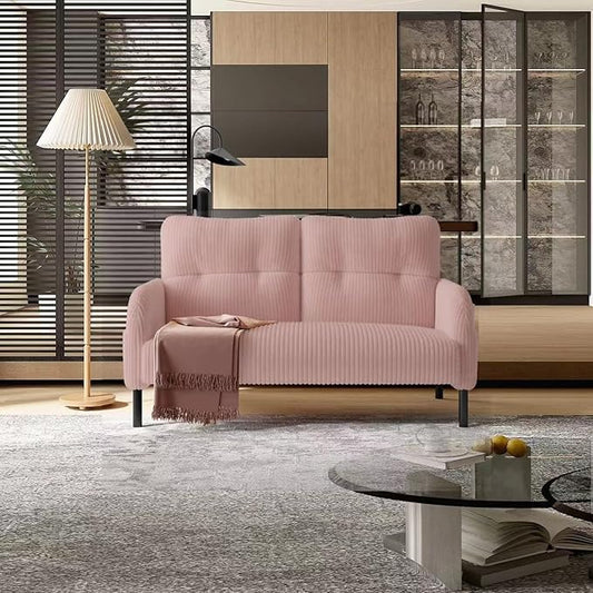 Pink Small Loveseat Couch for Small Spaces Corduroy Upholstered Love Seat Sofa with Side Storage Bags Comfy Mini Couch with Wooden Legs for Bedroom Living Room Apartment and Office (Pink)