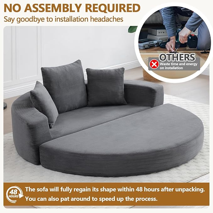 67'' Circular Convertible Compressed Sofa Bed Grey Corduroy Floor Lounge Round Boneless Couch Loveseat Sleeper Sofa Couch with 3 Cushions No Assembly for Apartment Bedroom
